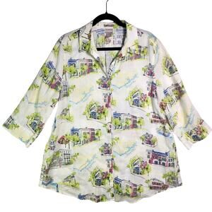 Chico's 100% Linen Colorful Button Up Shirt US XL 16 18 Sz 3 Beach Summer Light